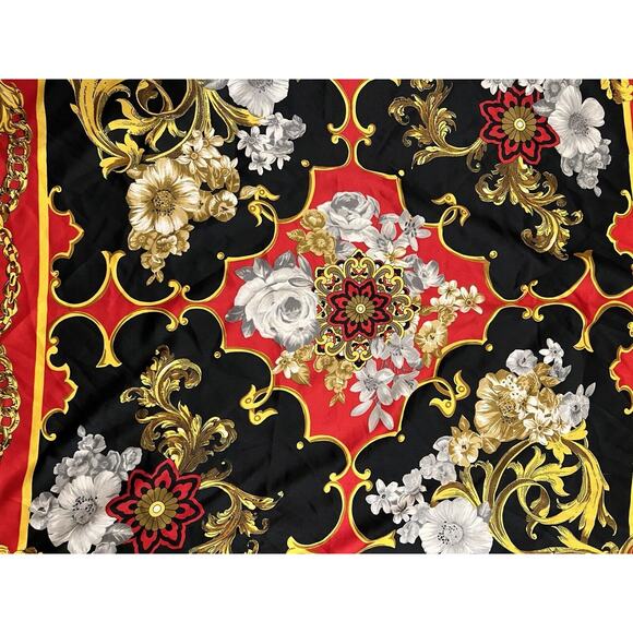 Challis Berkshire Large Scarf Shawl Black Red Yellow Multi Color Floral Scroll - Picture 3 of 8